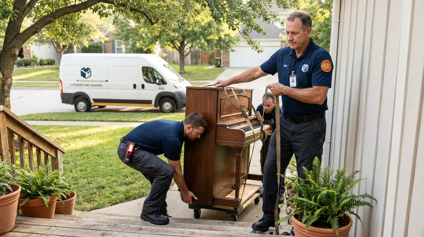 Licensed piano movers securing grand piano in Bedford Hills, NY