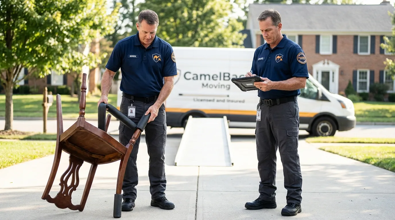 Movers inspecting furniture for damage prevention before loading in Bedford Hills, NY