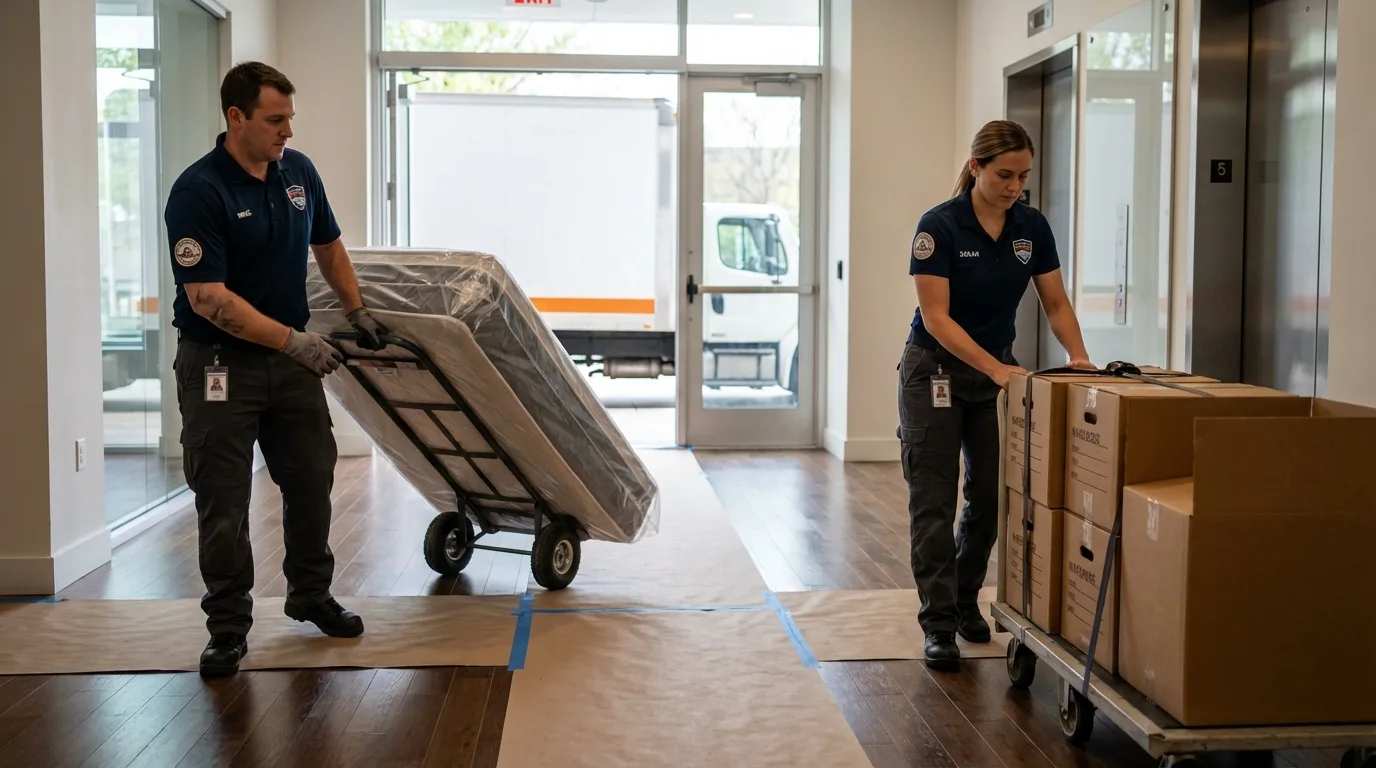 Professional apartment movers loading elevator in Bedford Hills, NY