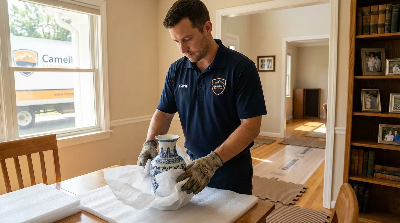 Professional crew carefully wrapping antique vase for senior downsizing move in Bedford Hills, NY