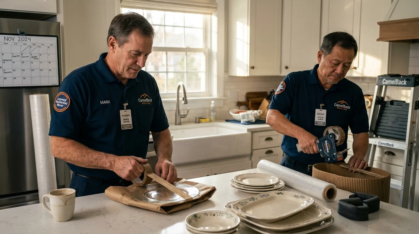 Professional crew packing kitchen dishware in Bedford Hills, NY